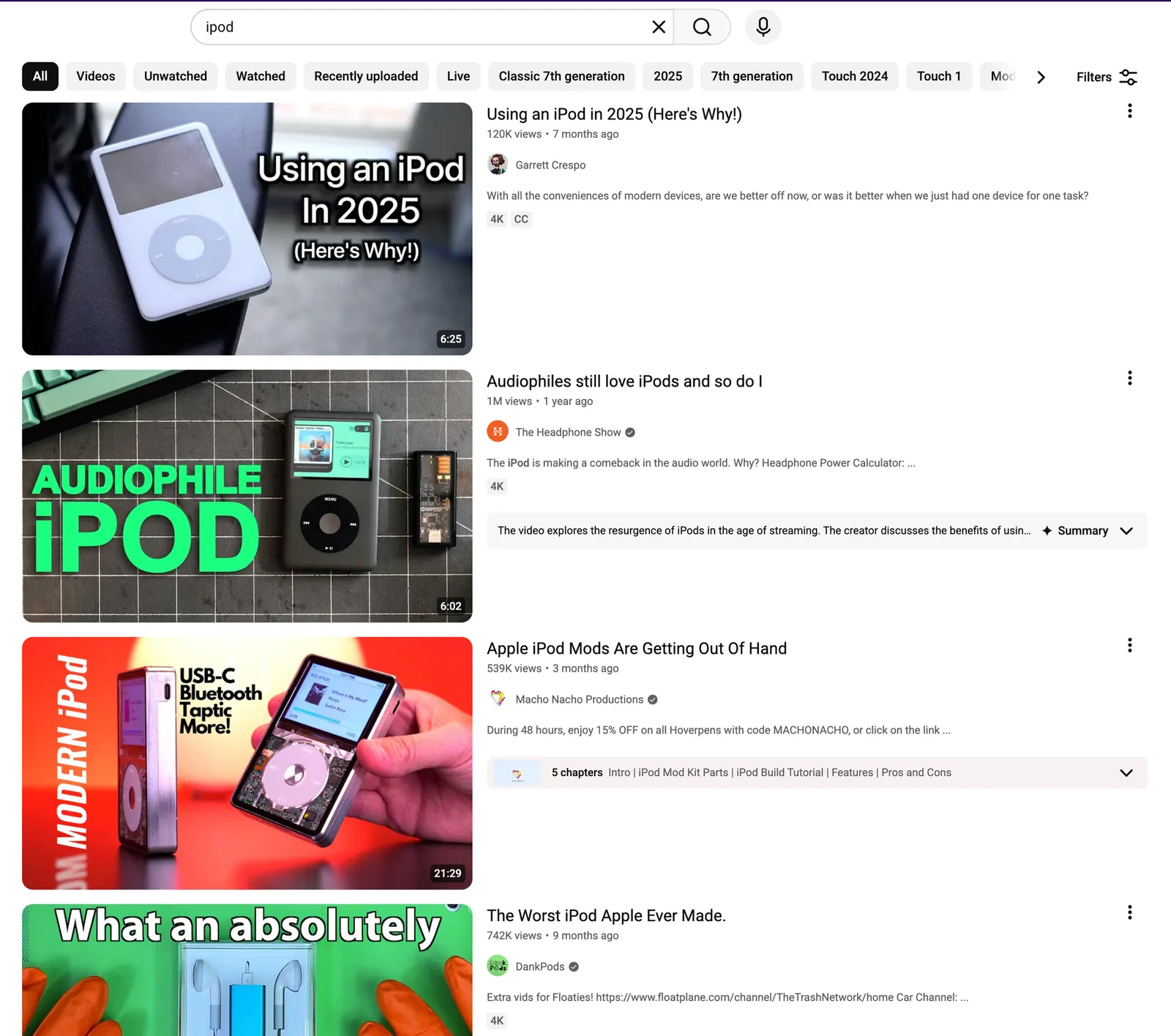 YouTube search results for “ipod”