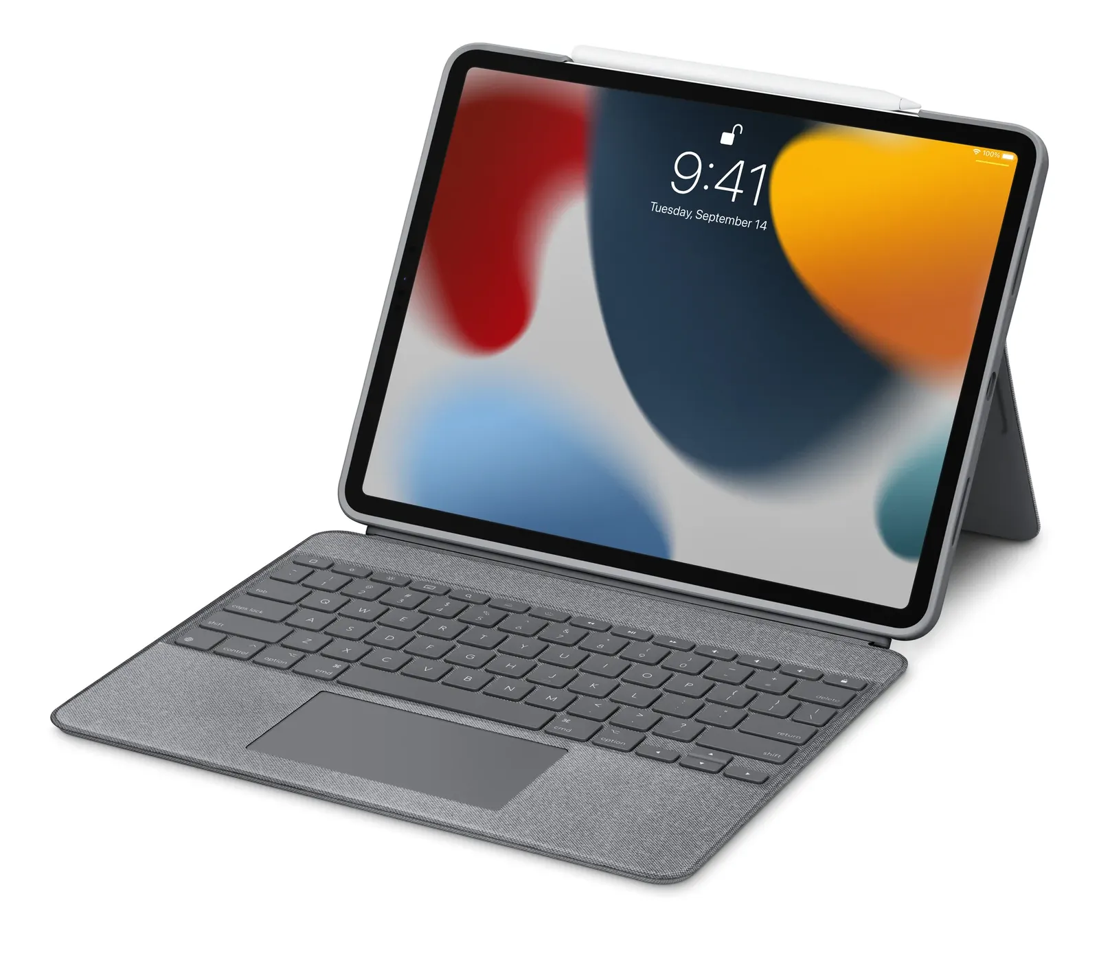 iPad with Logitech Combo Keyboard/Cover Case. Apple Pencil also connected.