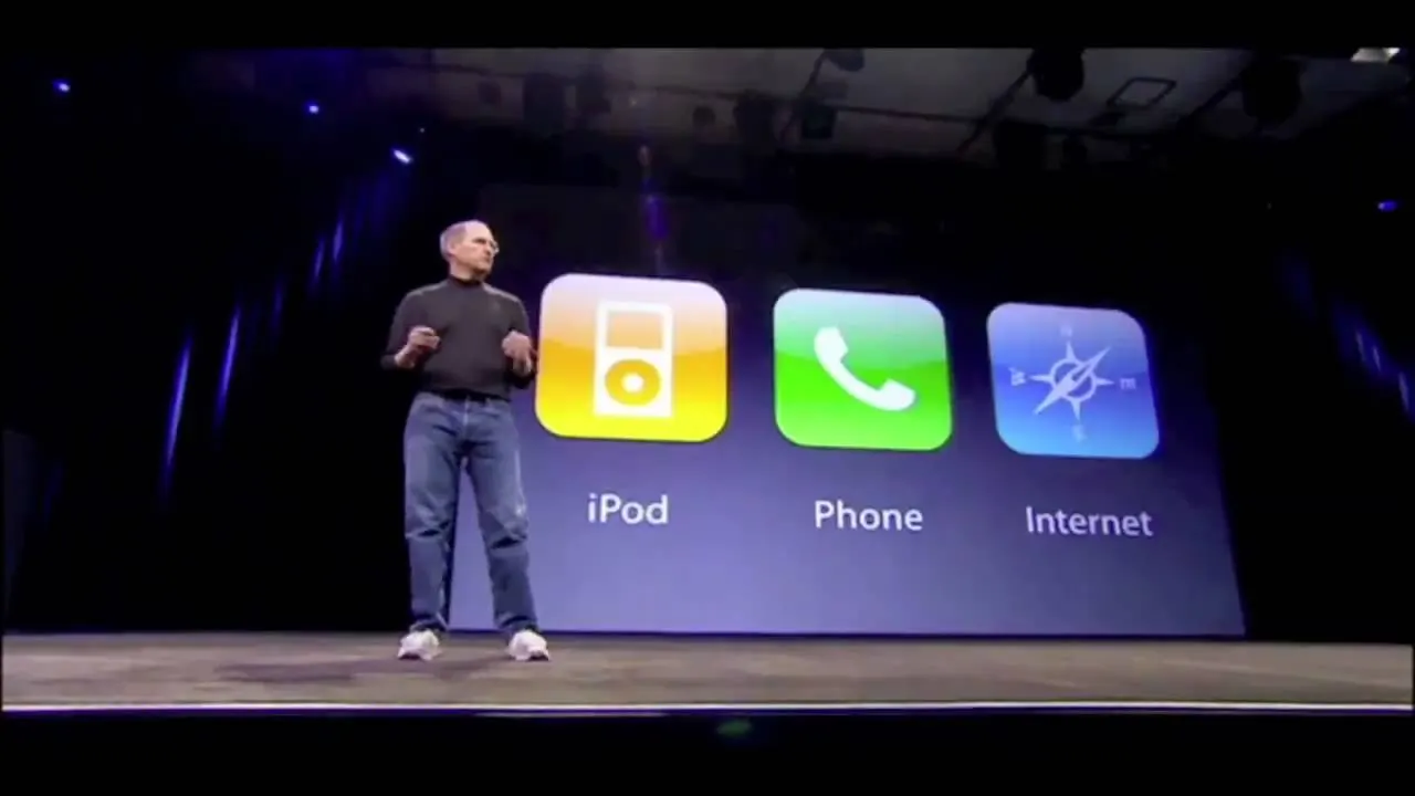 Steve Jobs giving his Keynote for the iPhone unveil. Standing infront three icons labeled: iPod, Phone, and Internet