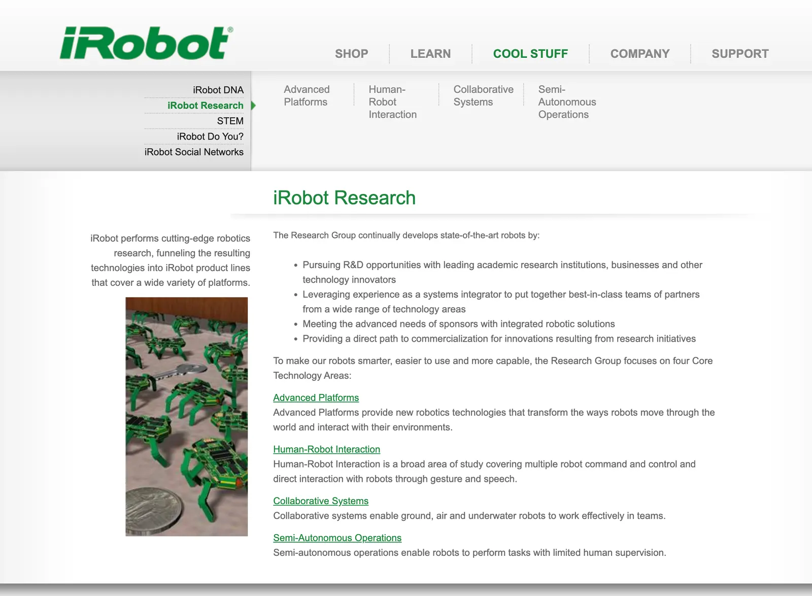 iRobot.com screenshot from December 21st, 2013 of it’s “iRobot Research” page.